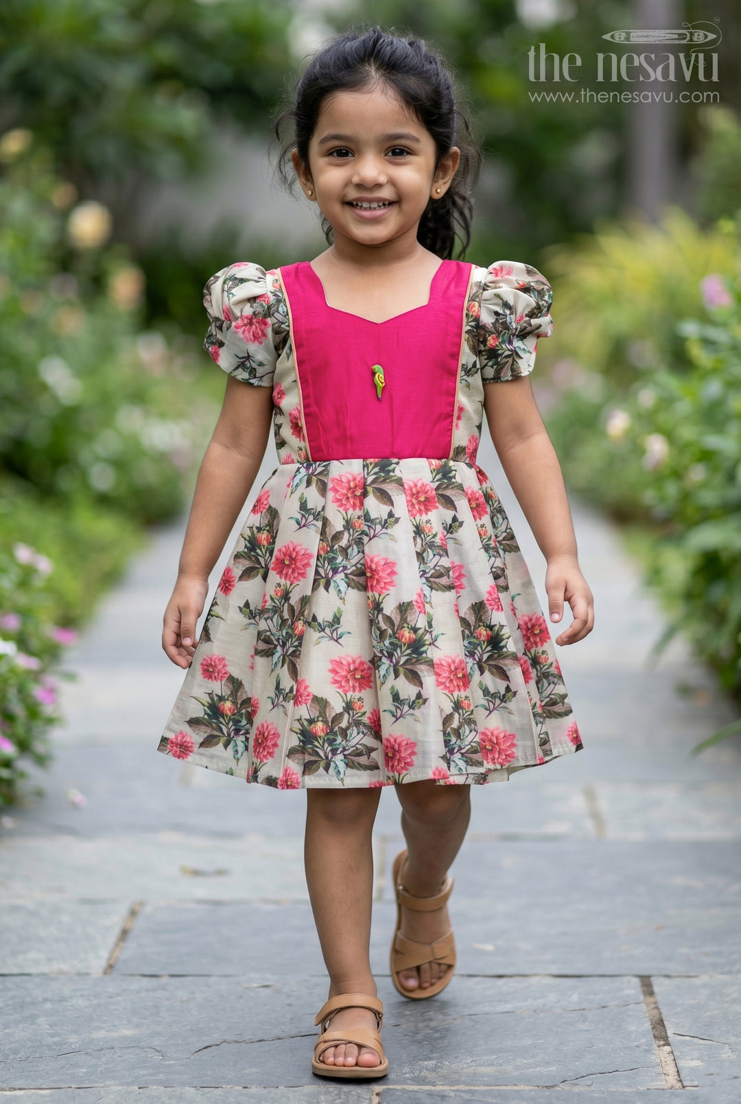 Girls Digital Printed Chanderi Frock with Puff Sleeves and Pleated Skirt in Elegant Frock Frill Dress Style