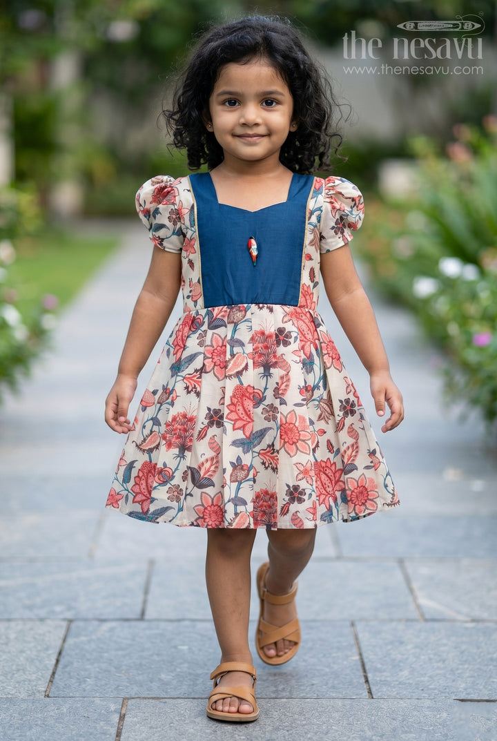 Girls Digital Printed Chanderi Frock with Puff Sleeves and Blue Contrast Bodice in Frock Frill Style