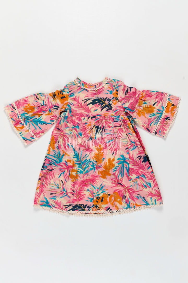Girls Cotton Frock Girl with Flared Bell Sleeves and Vibrant Leaf Print in Multicolor Design
