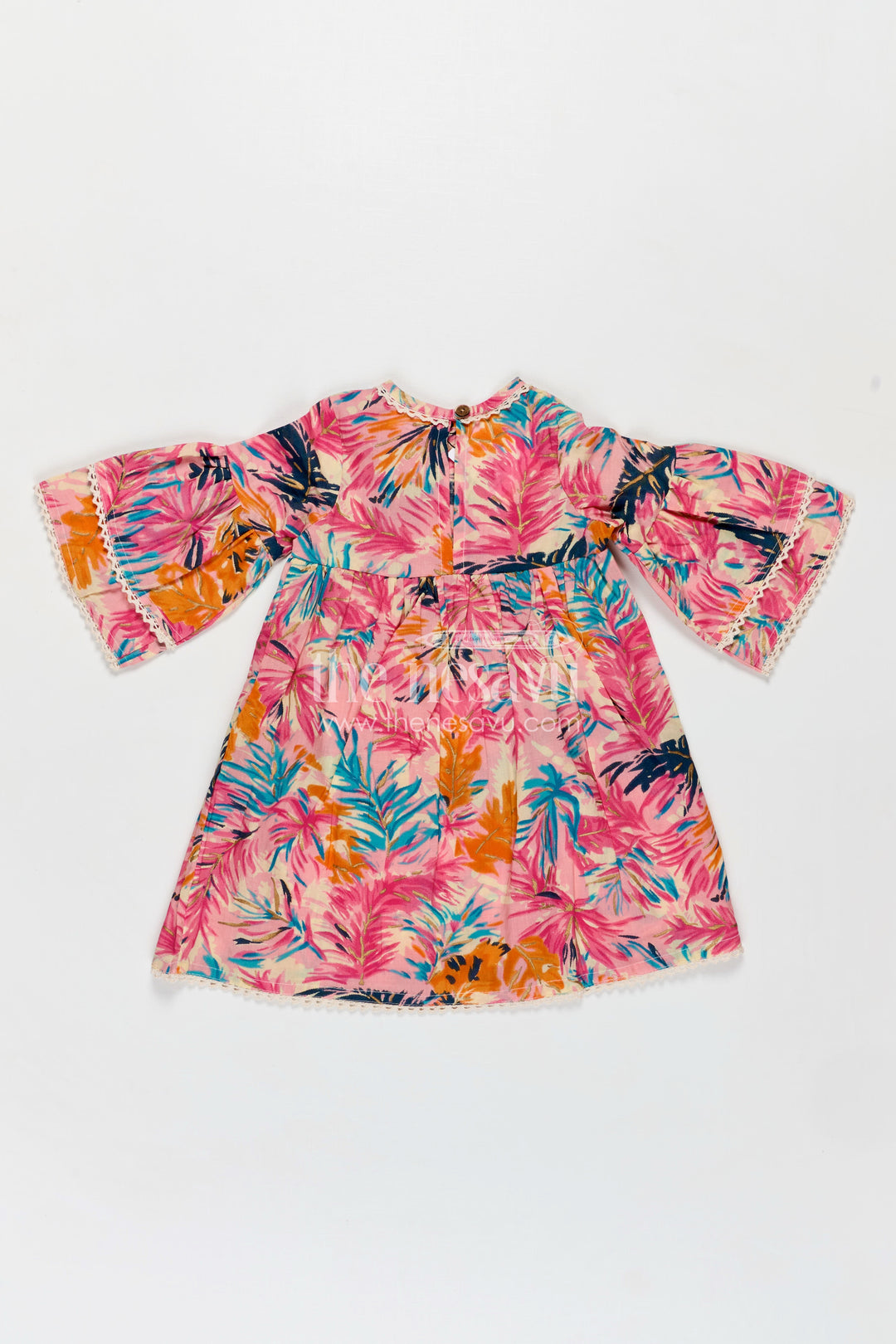 Girls Cotton Frock Girl with Flared Bell Sleeves and Vibrant Leaf Print in Multicolor Design