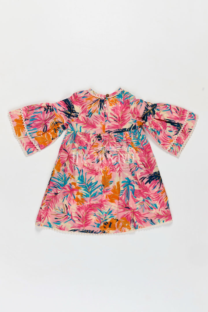 Girls Cotton Frock Girl with Flared Bell Sleeves and Vibrant Leaf Print in Multicolor Design