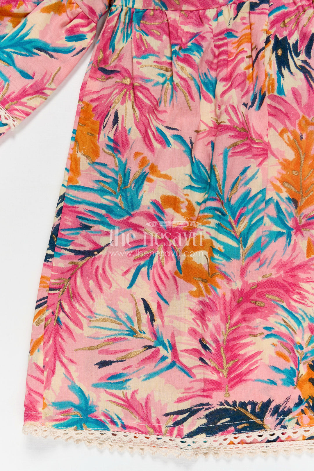 Girls Cotton Frock Girl with Flared Bell Sleeves and Vibrant Leaf Print in Multicolor Design