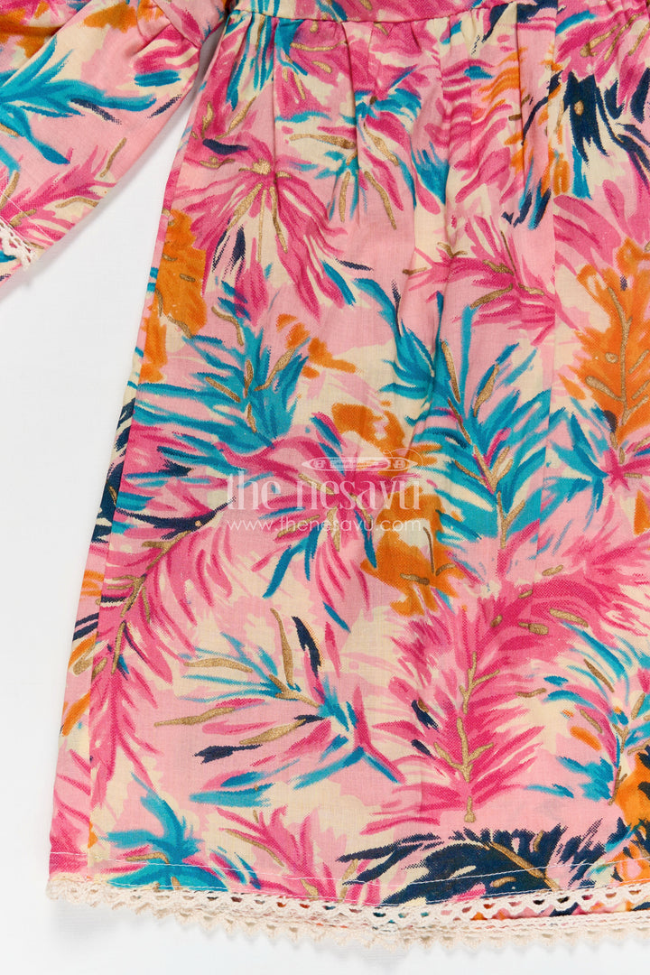 Girls Cotton Frock Girl with Flared Bell Sleeves and Vibrant Leaf Print in Multicolor Design