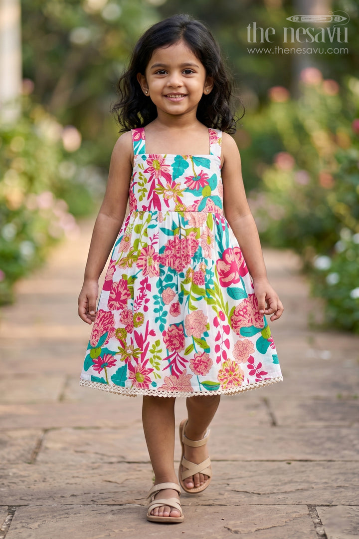 Girls Cotton Party Wear Cotton Frock with Floral Digital Print and Sleeveless Flared Design