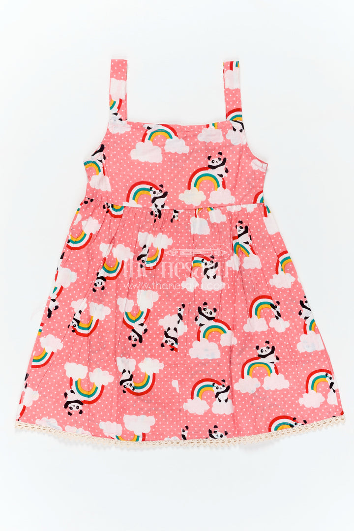 Girls Cotton Casual Frock for Girls in Pink with Rainbow Panda Print and Sleeveless Fit