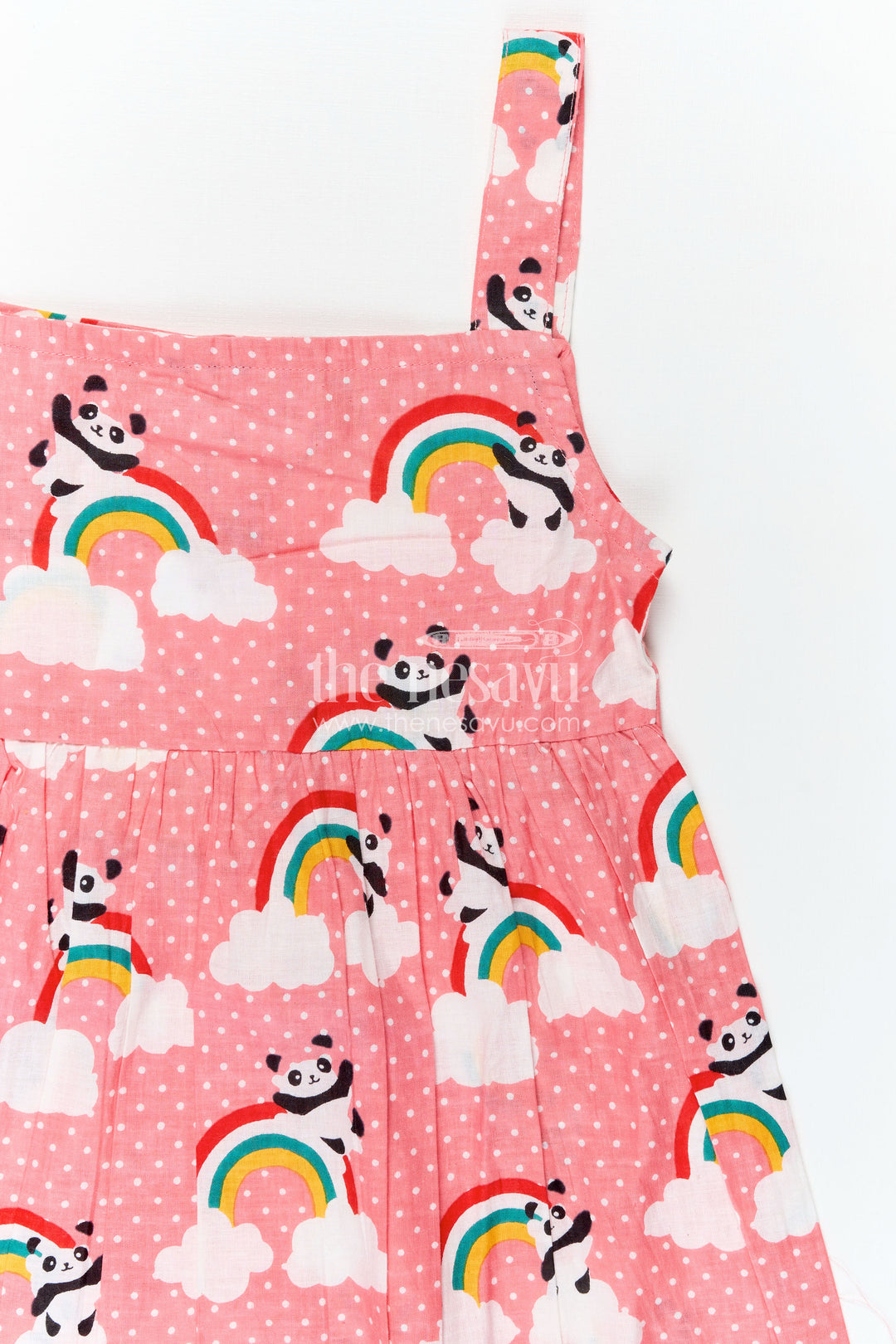 Girls Cotton Casual Frock for Girls in Pink with Rainbow Panda Print and Sleeveless Fit