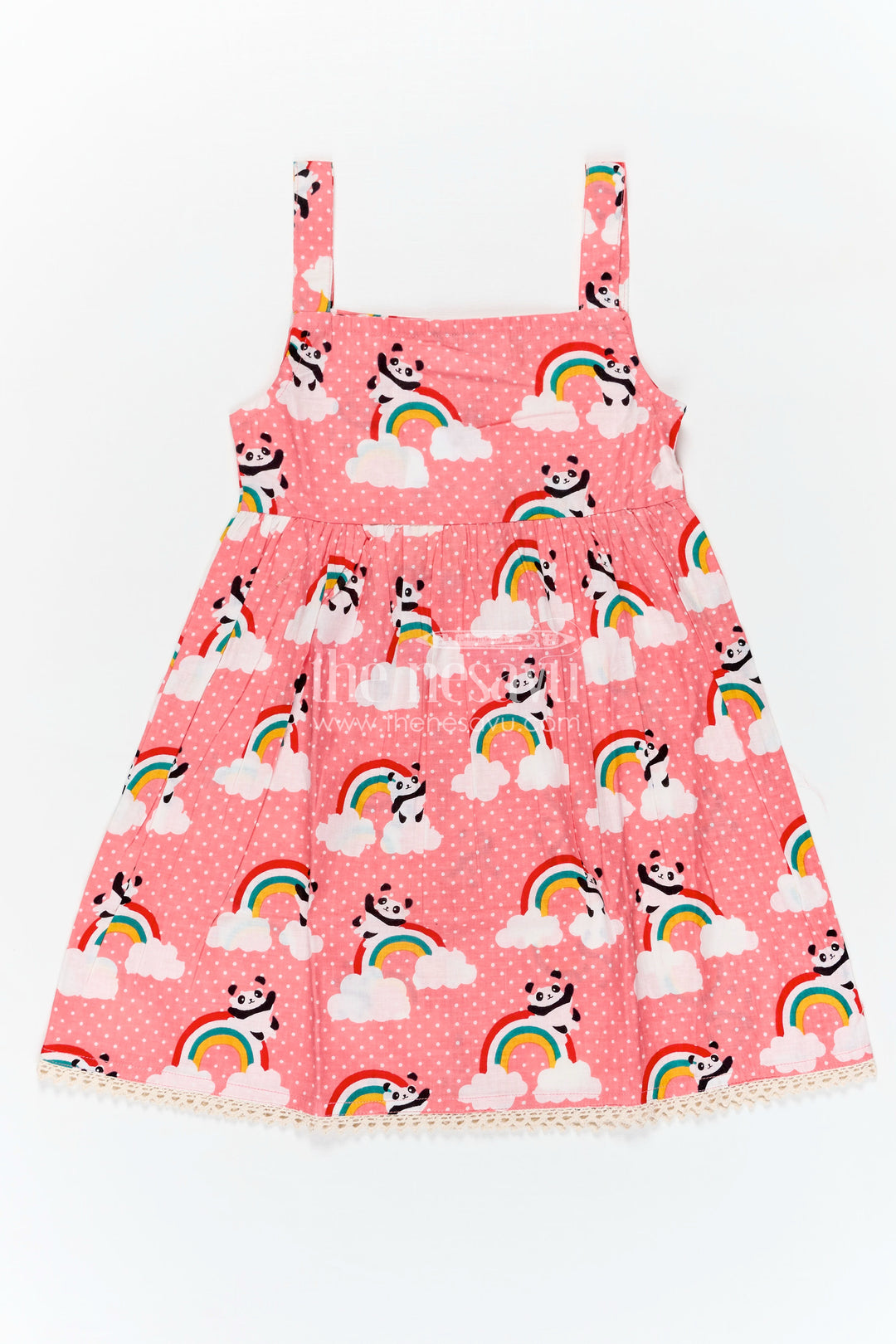 Girls Cotton Casual Frock for Girls in Pink with Rainbow Panda Print and Sleeveless Fit