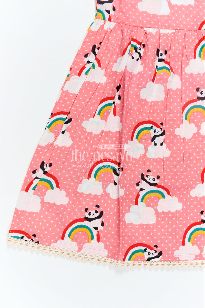Girls Cotton Casual Frock for Girls in Pink with Rainbow Panda Print and Sleeveless Fit