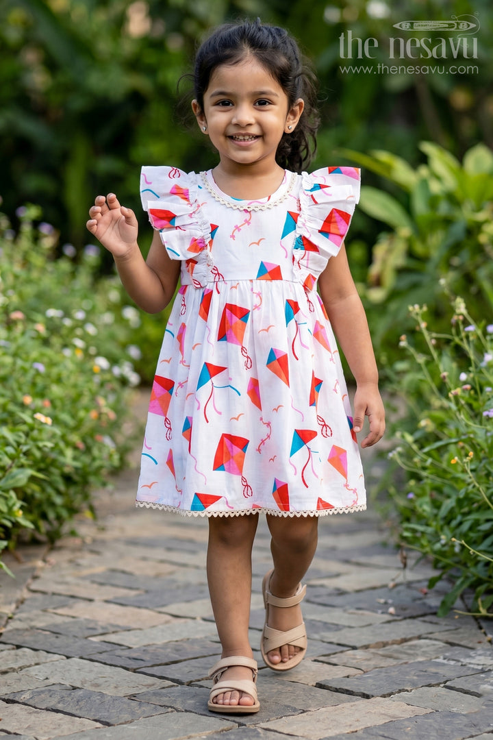Girls Cotton Online Frock for Girls with Puff Sleeves and Kite Digital Print in Festive Colors