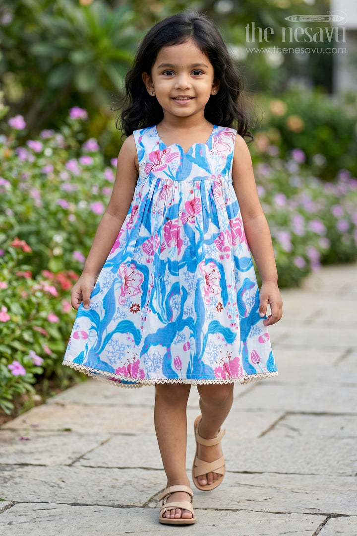 Girls Cotton Simple Design Of Frock with Blue and Pink Floral Digital Print and Classic Sleeveless Fit