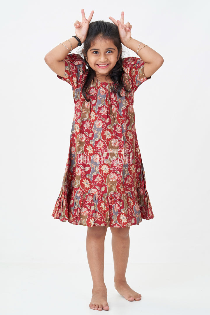 Girls Modal Silk Frock with Ruffle Hem in Red Floral Digital Print and Puff Sleeves for Chic Comfort