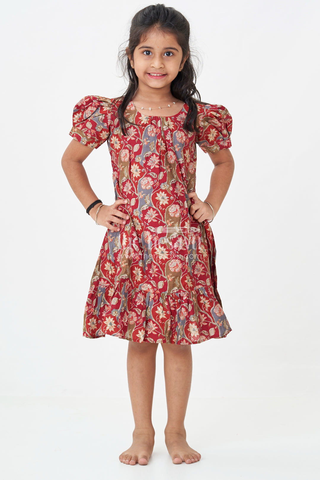 Girls Modal Silk Frock with Ruffle Hem in Red Floral Digital Print and Puff Sleeves for Chic Comfort