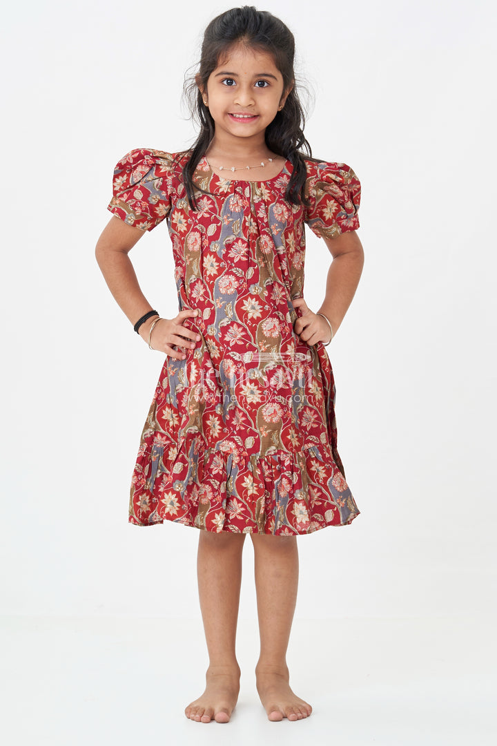 Girls Modal Silk Frock with Ruffle Hem in Red Floral Digital Print and Puff Sleeves for Chic Comfort