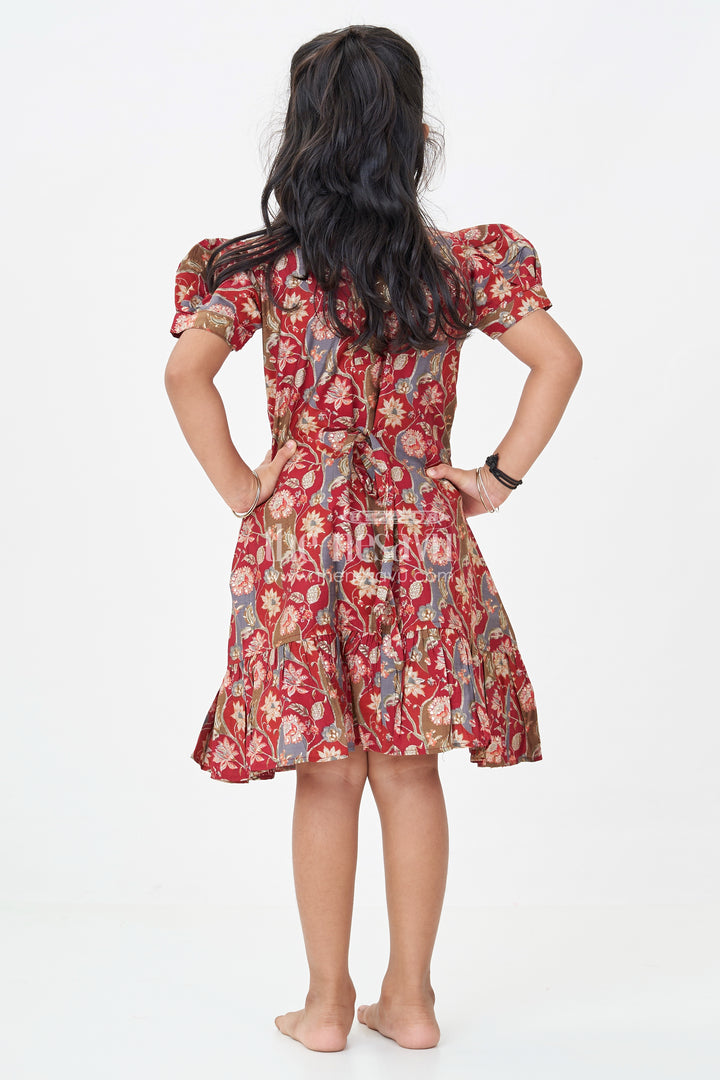 Girls Modal Silk Frock with Ruffle Hem in Red Floral Digital Print and Puff Sleeves for Chic Comfort