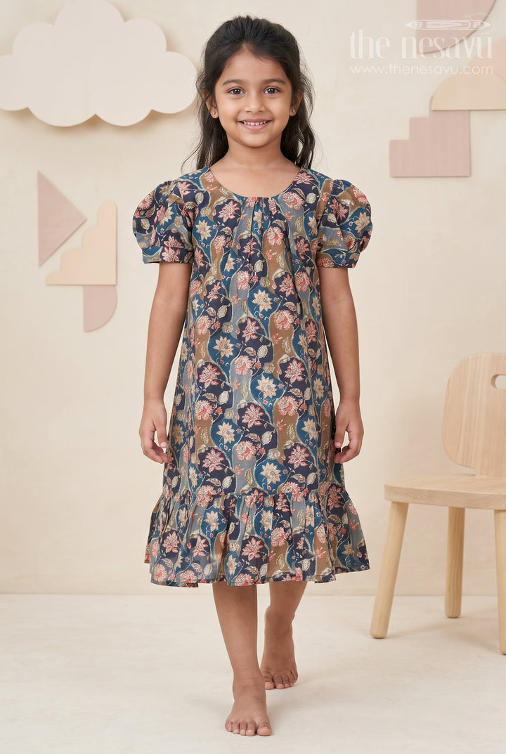 Girls Floral Frock Pattern Top in Blue Modal Silk with Ruffle Hem and Puff Sleeves for All-Day Style