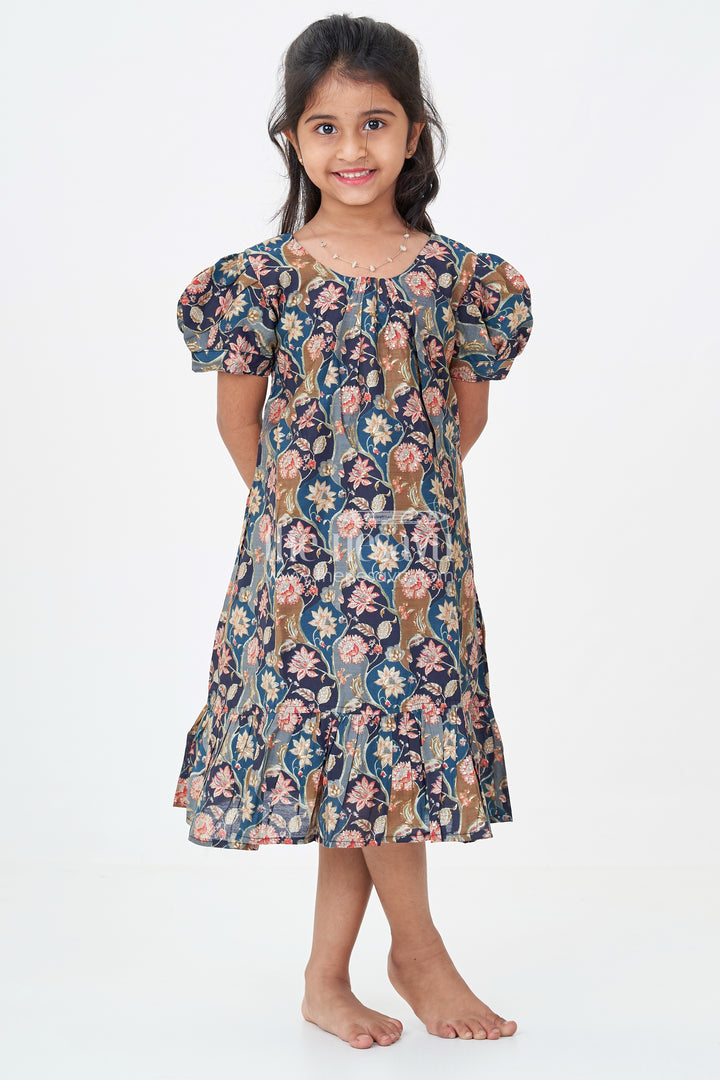 Girls Floral Frock Pattern Top in Blue Modal Silk with Ruffle Hem and Puff Sleeves for All-Day Style