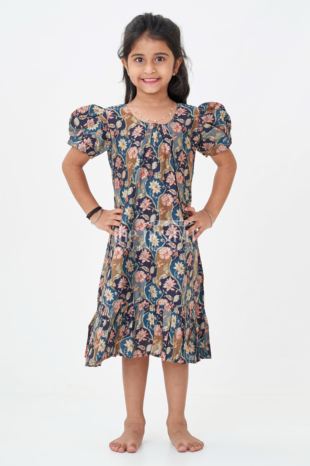 Girls Floral Frock Pattern Top in Blue Modal Silk with Ruffle Hem and Puff Sleeves for All-Day Style