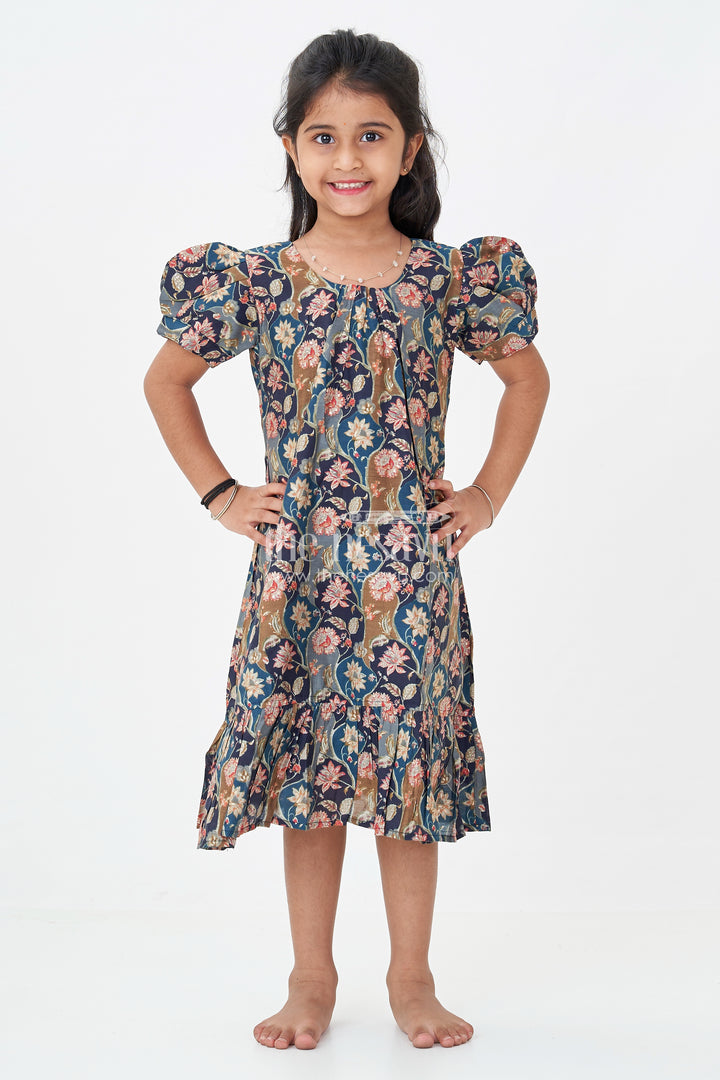 Girls Floral Frock Pattern Top in Blue Modal Silk with Ruffle Hem and Puff Sleeves for All-Day Style