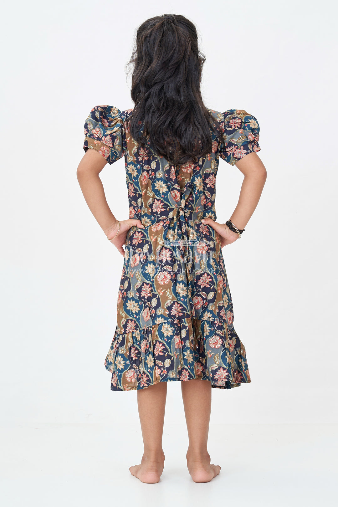 Girls Floral Frock Pattern Top in Blue Modal Silk with Ruffle Hem and Puff Sleeves for All-Day Style