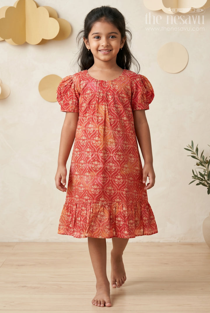 Girls Stylish Frock Design in Red Modal Silk with Ornamental Motifs and Ruffle Hem for Classic Vibes