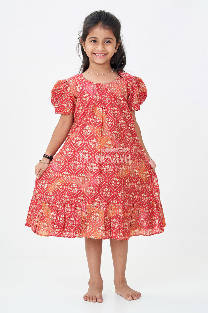 Girls Stylish Frock Design in Red Modal Silk with Ornamental Motifs and Ruffle Hem for Classic Vibes