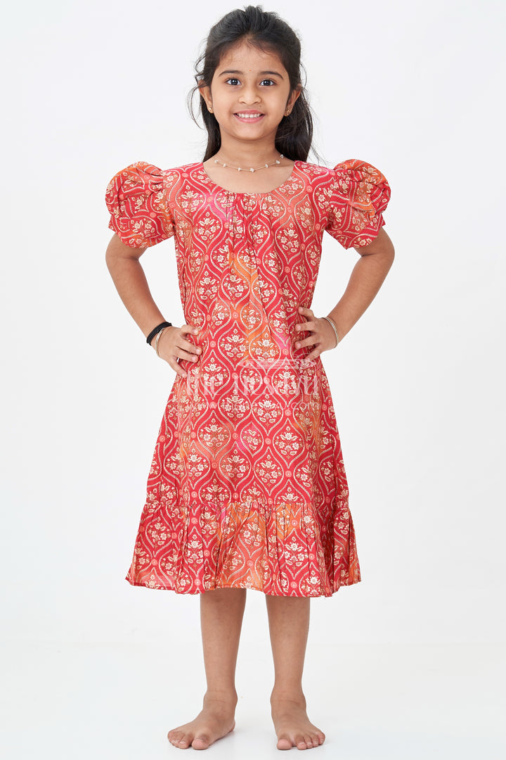 Girls Stylish Frock Design in Red Modal Silk with Ornamental Motifs and Ruffle Hem for Classic Vibes