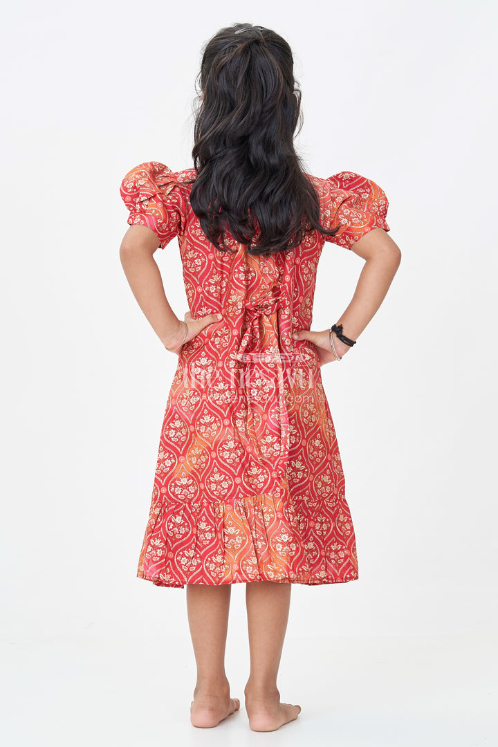 Girls Stylish Frock Design in Red Modal Silk with Ornamental Motifs and Ruffle Hem for Classic Vibes