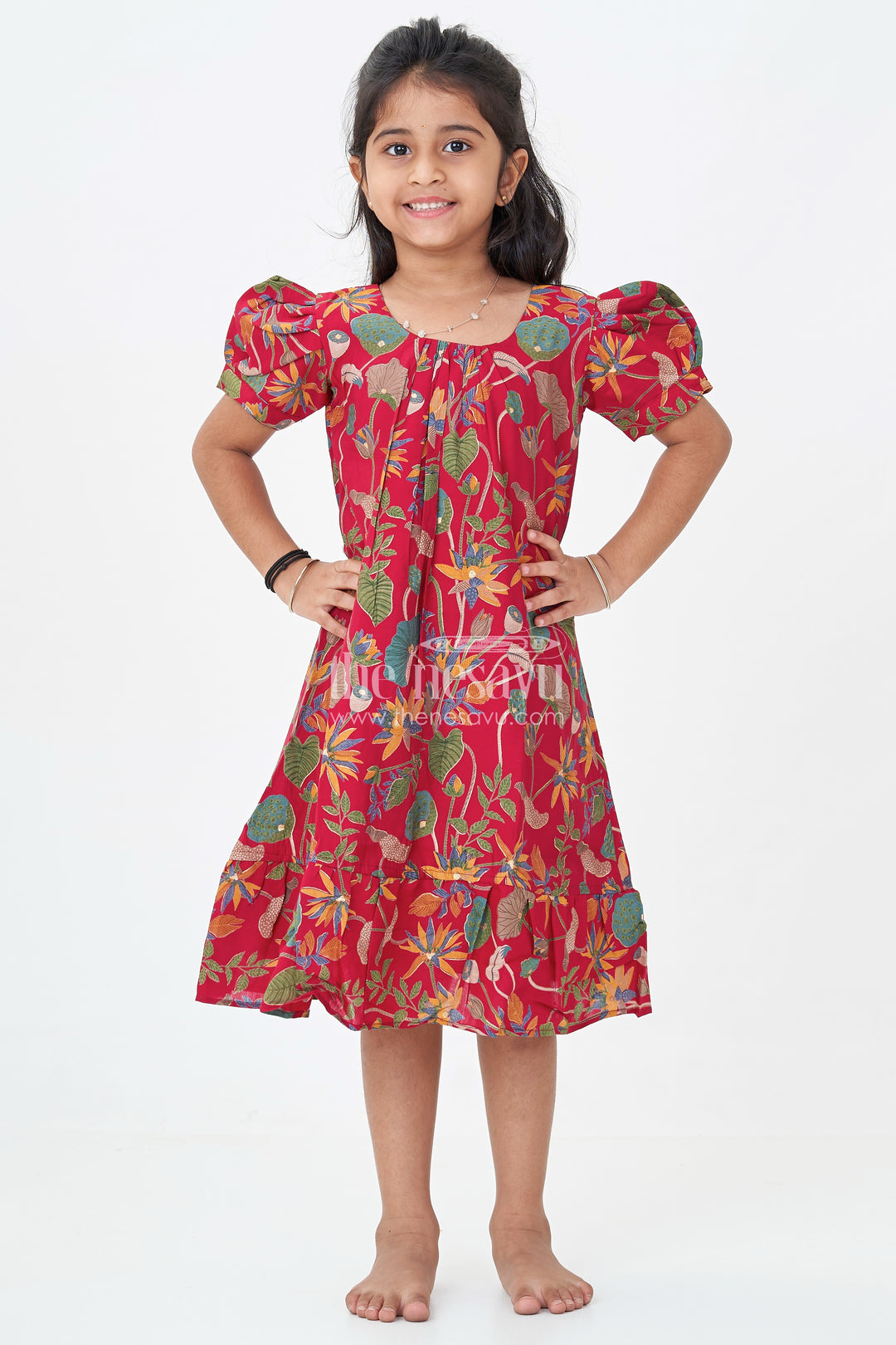 Girls Beautiful Party Frock in Red Modal Silk with Bold Floral Digital Print and Flared Hem