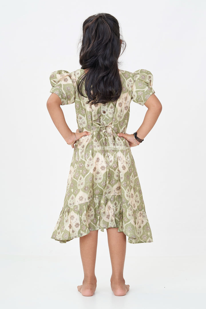 Girls Trending Frock Design in Green Muslin Silk with Floral Leaf Digital Print and Short Puff Sleeves