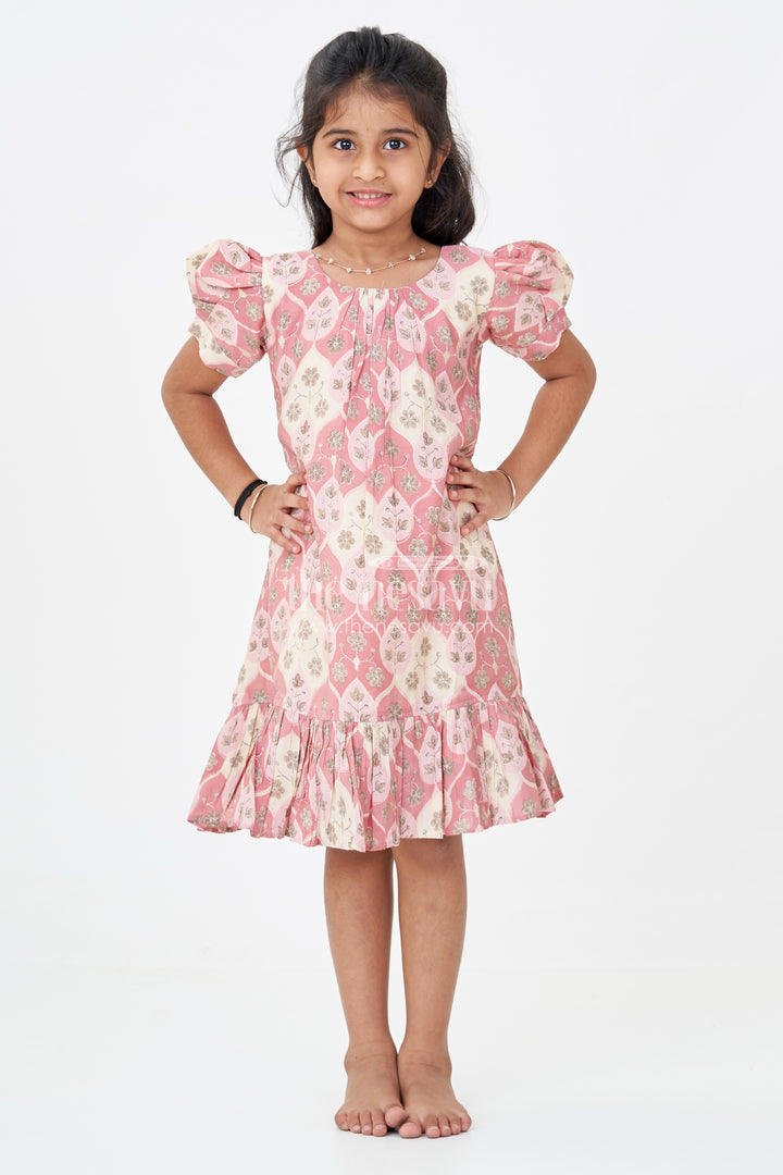 Girls Trendy Frock Designs in Pink Muslin Silk with Leaf Print Motifs and Ruffle Trim for Stylish Days
