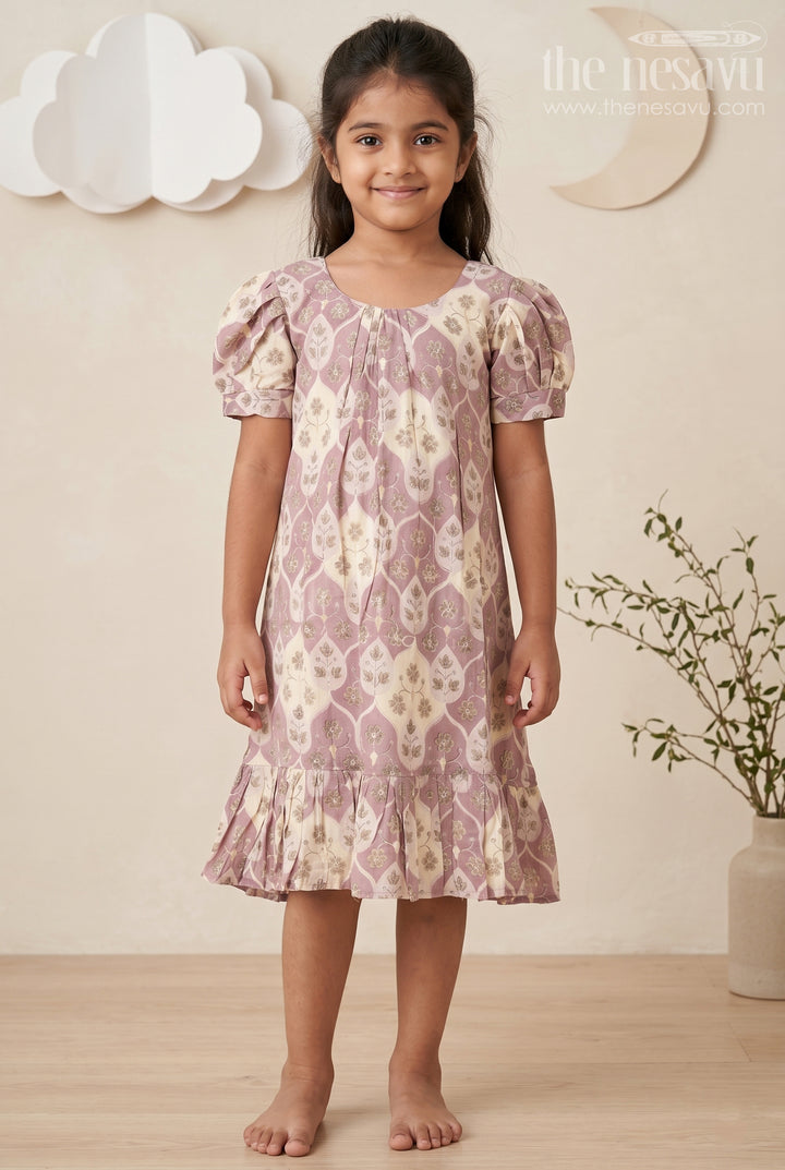 Girls Unique Frock Design in Lavender Muslin Silk with Leaf Print and Puffy Sleeves for Everyday Grace