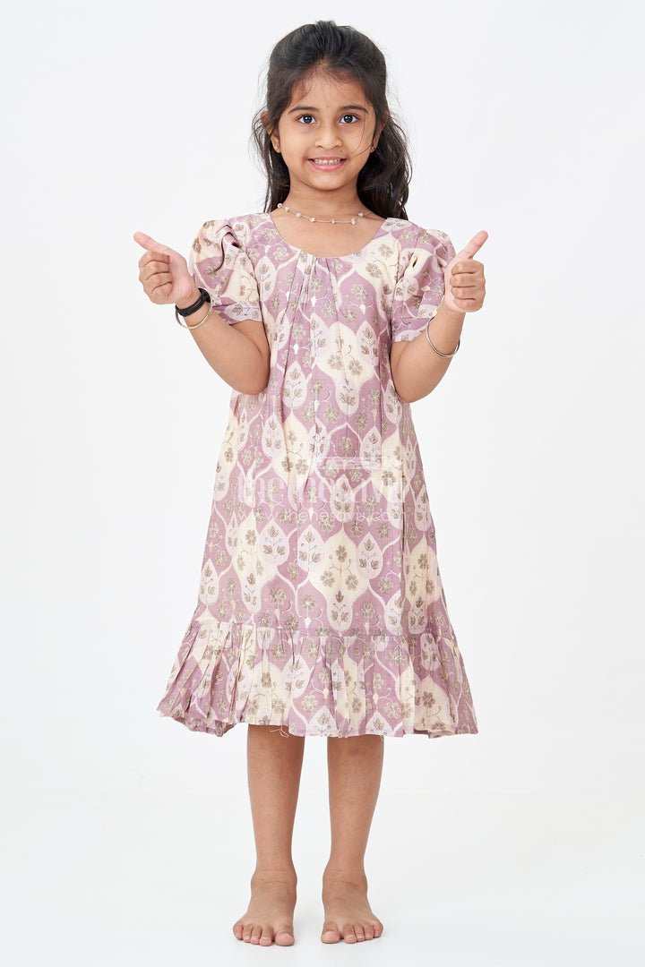 Girls Unique Frock Design in Lavender Muslin Silk with Leaf Print and Puffy Sleeves for Everyday Grace