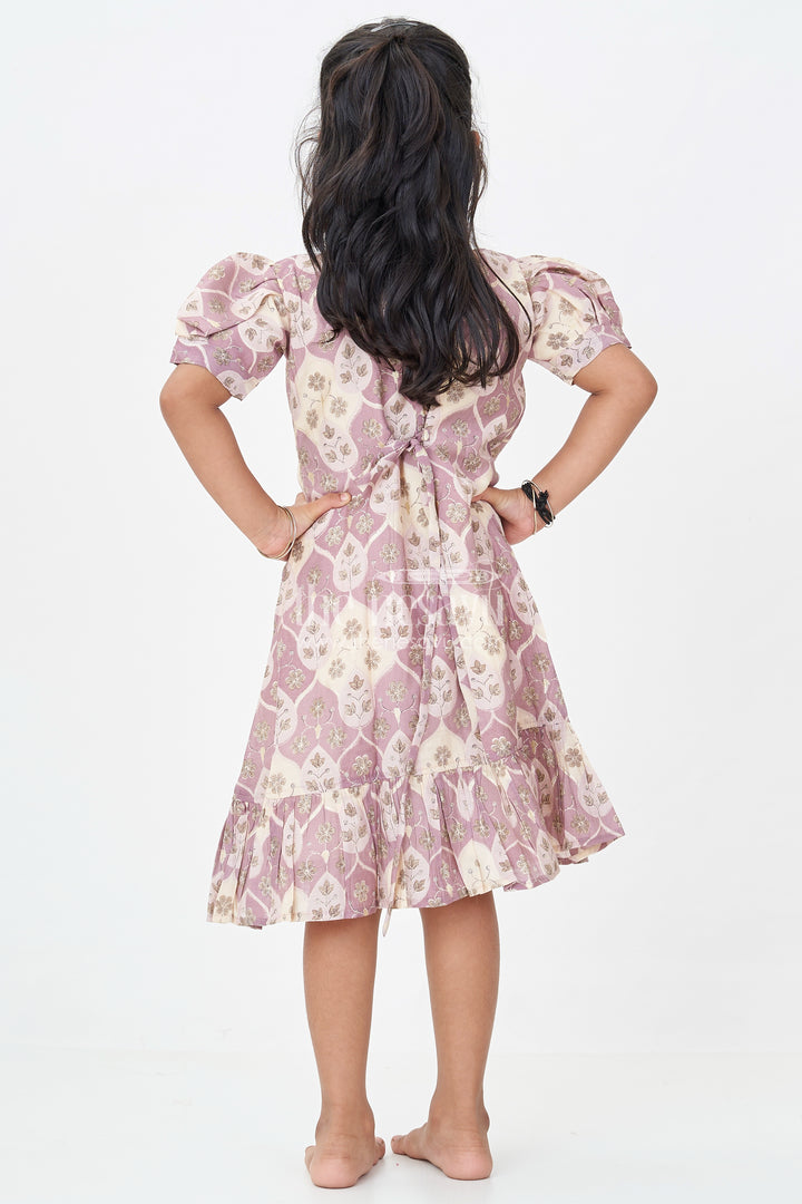 Girls Unique Frock Design in Lavender Muslin Silk with Leaf Print and Puffy Sleeves for Everyday Grace