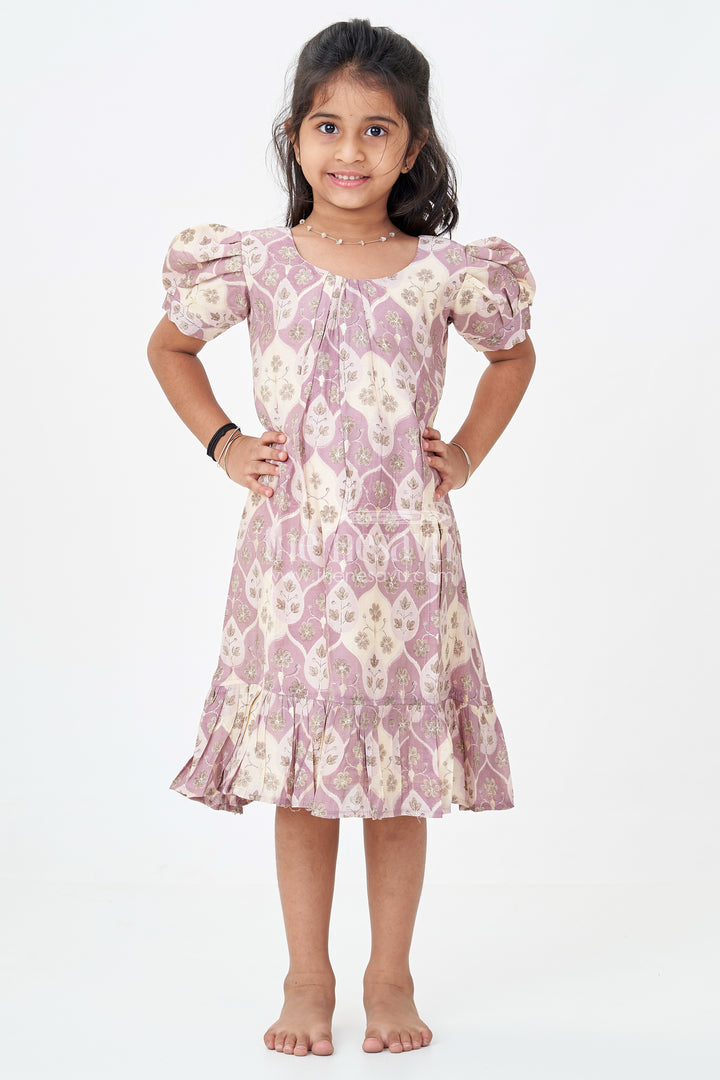 Girls Unique Frock Design in Lavender Muslin Silk with Leaf Print and Puffy Sleeves for Everyday Grace