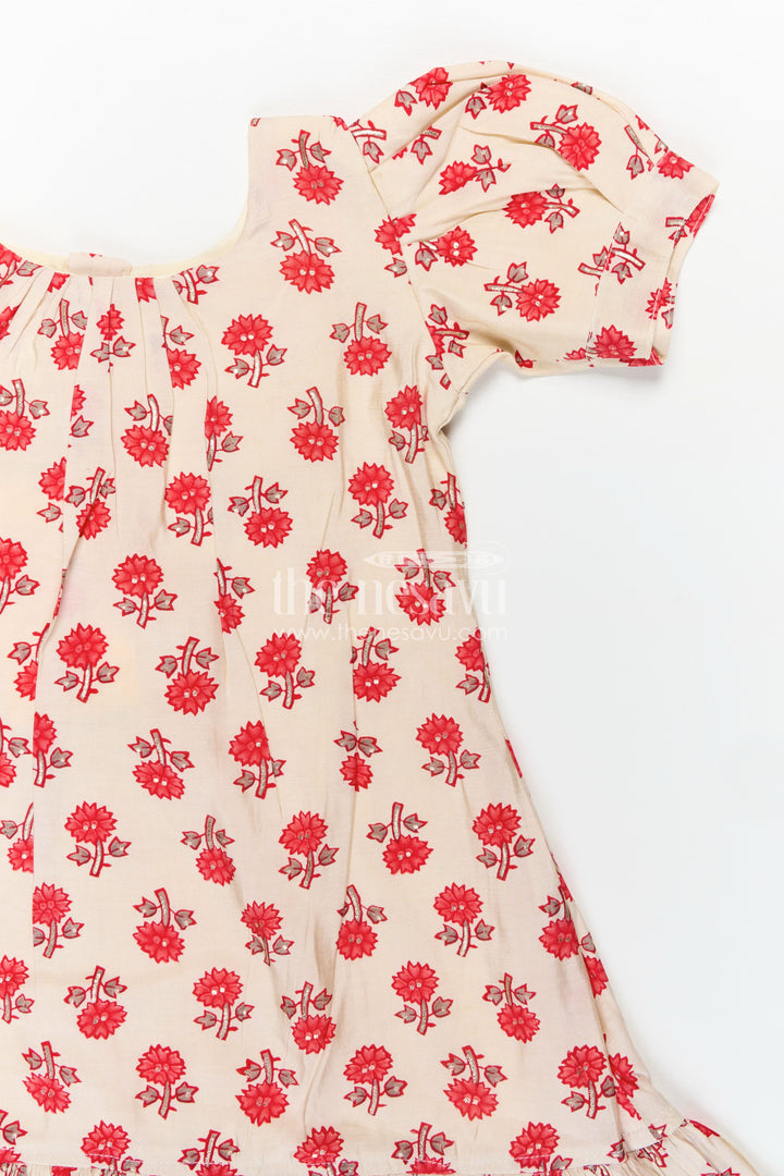 Girls Party Wear Knee Length Frock in Beige Muslin Silk with Red Floral Print and Puff Sleeves