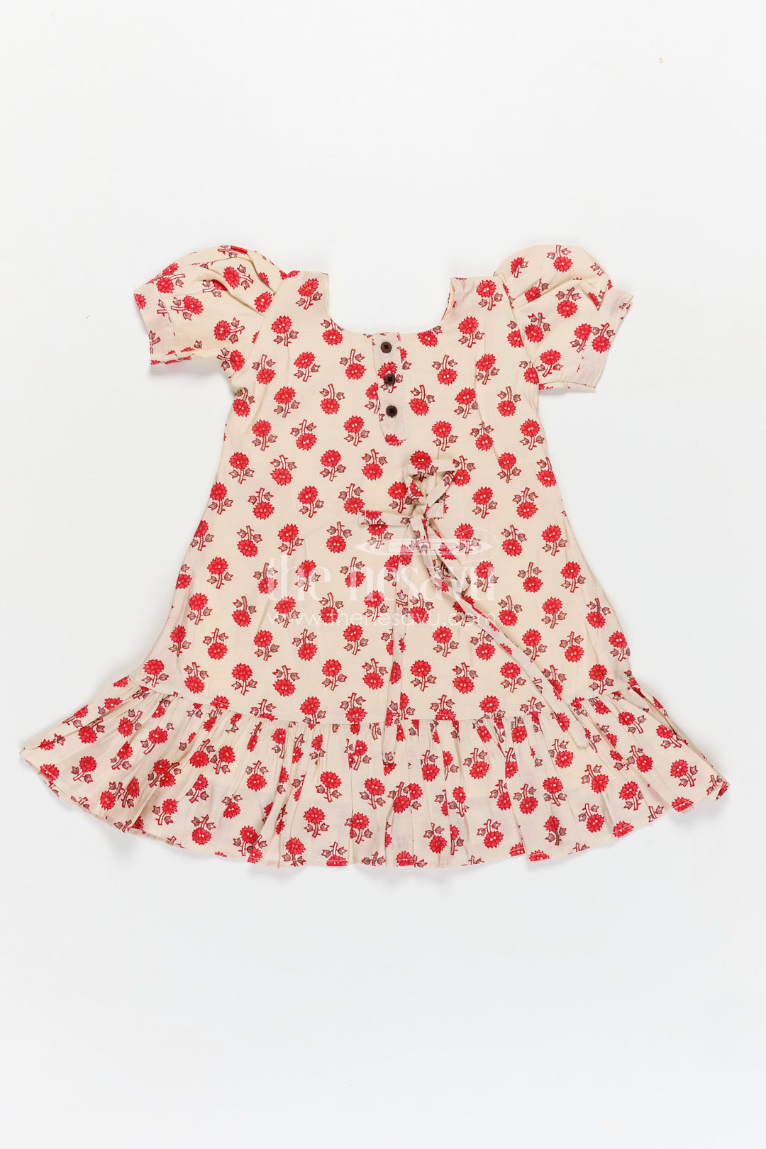 Girls Party Wear Knee Length Frock in Beige Muslin Silk with Red Floral Print and Puff Sleeves