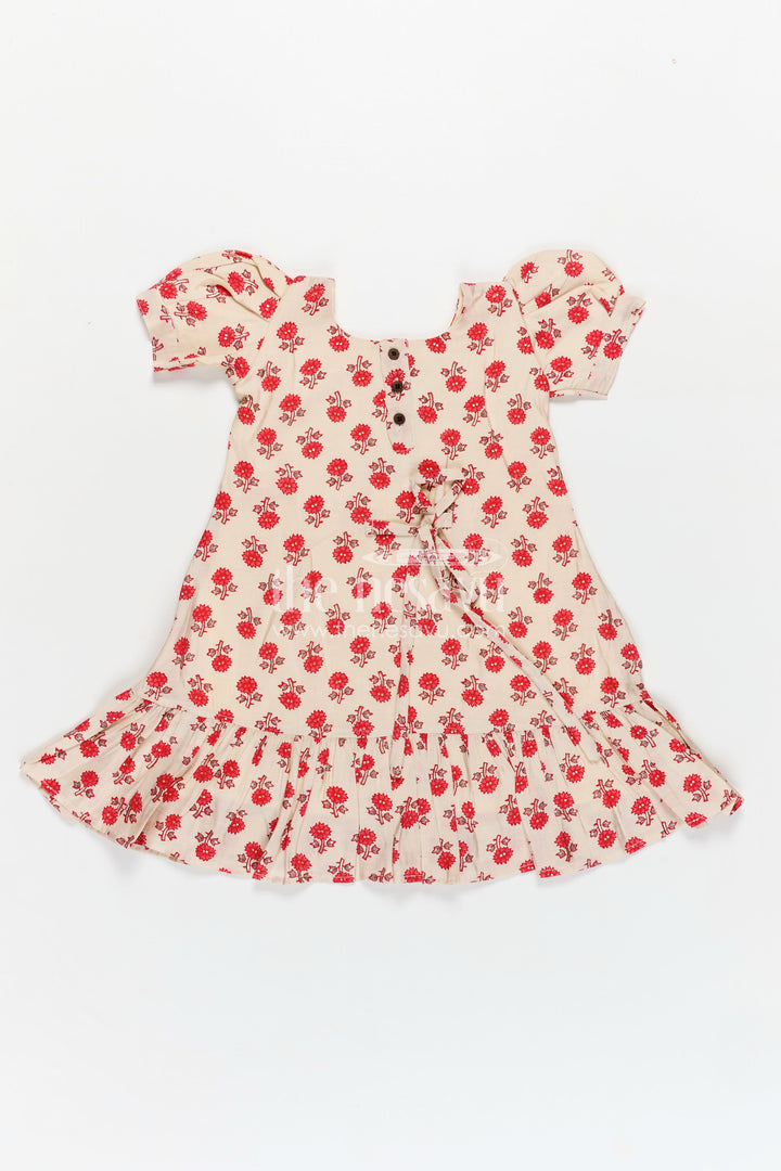 Girls Party Wear Knee Length Frock in Beige Muslin Silk with Red Floral Print and Puff Sleeves