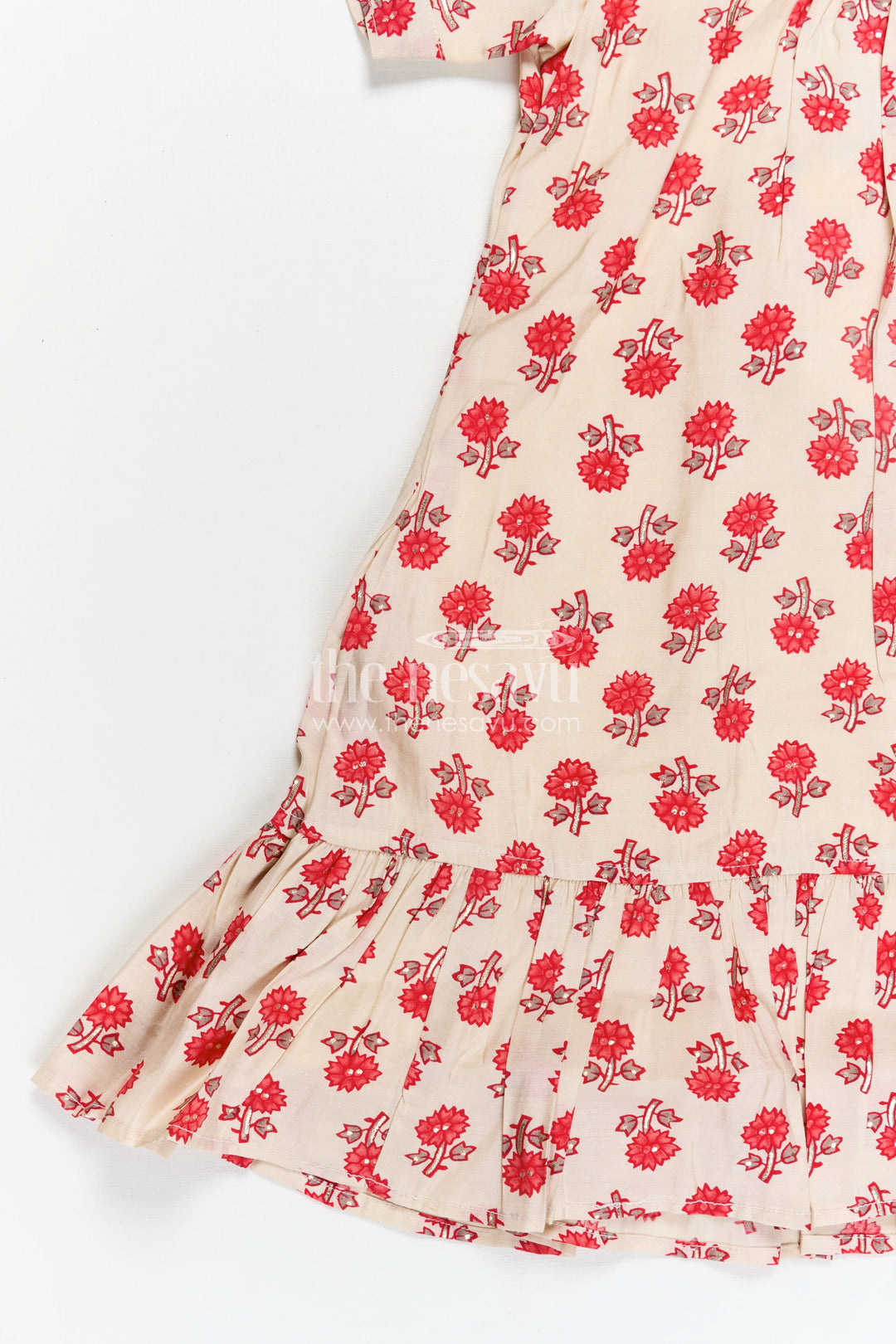 Girls Party Wear Knee Length Frock in Beige Muslin Silk with Red Floral Print and Puff Sleeves