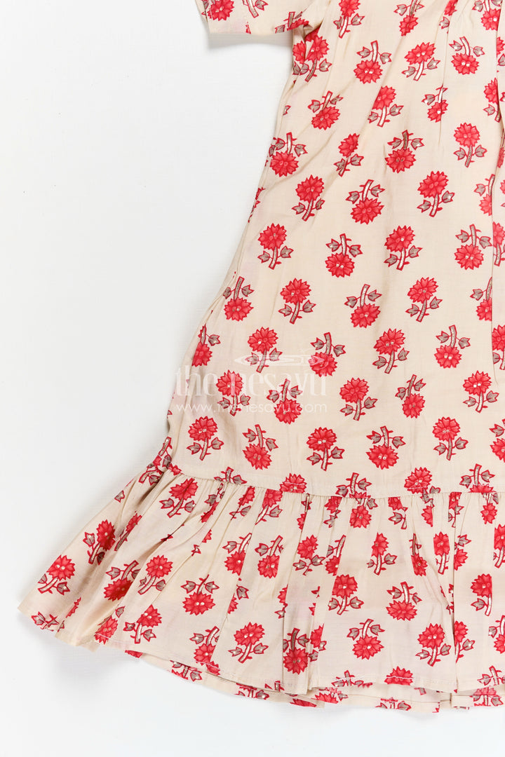 Girls Party Wear Knee Length Frock in Beige Muslin Silk with Red Floral Print and Puff Sleeves