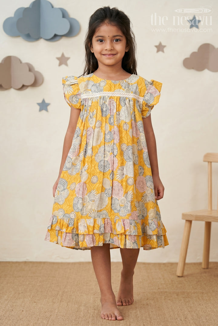 Girls Yellow Frock Design in Moadal Silk with Digital Floral Print and Ruffle Sleeves for Bright Looks