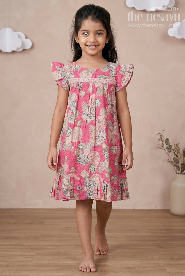 Girls Party Wear Frocks for Infants in Moadal Silk with Digital Floral Print and Ruffle Accents
