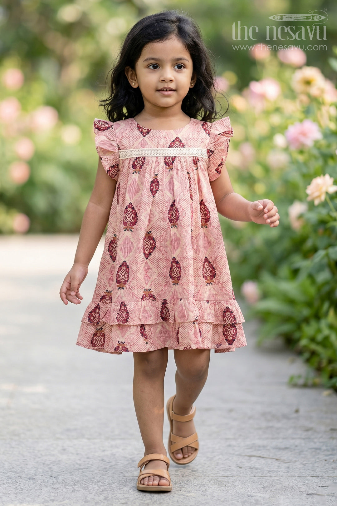 Girls One Piece Dress Frock Type in Beige Rayon with Ethnic Digital Print and Ruffle Sleeves