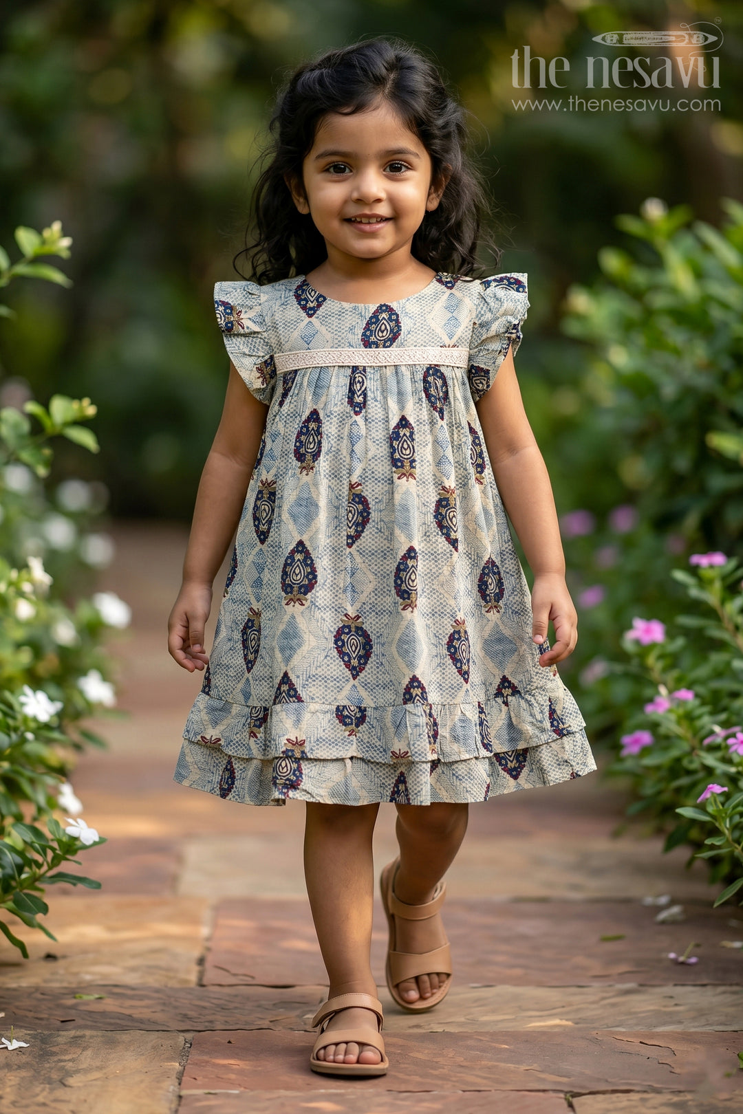 Girls One Piece Frock Online in Green Rayon with Printed Motifs and Gathered Hemline