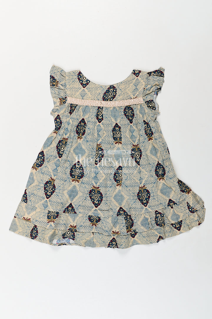 Girls One Piece Frock Online in Green Rayon with Printed Motifs and Gathered Hemline