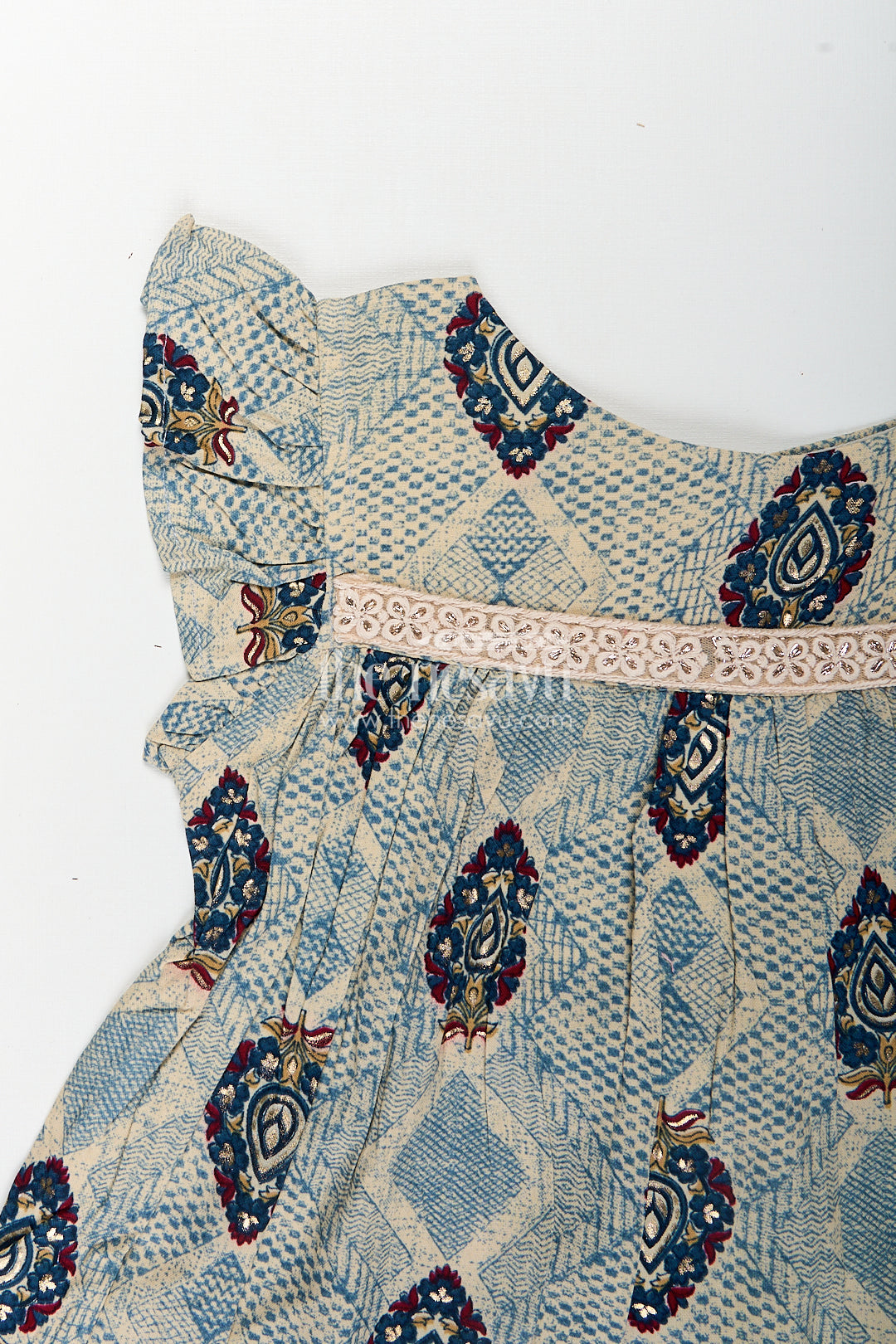 Girls One Piece Frock Online in Green Rayon with Printed Motifs and Gathered Hemline