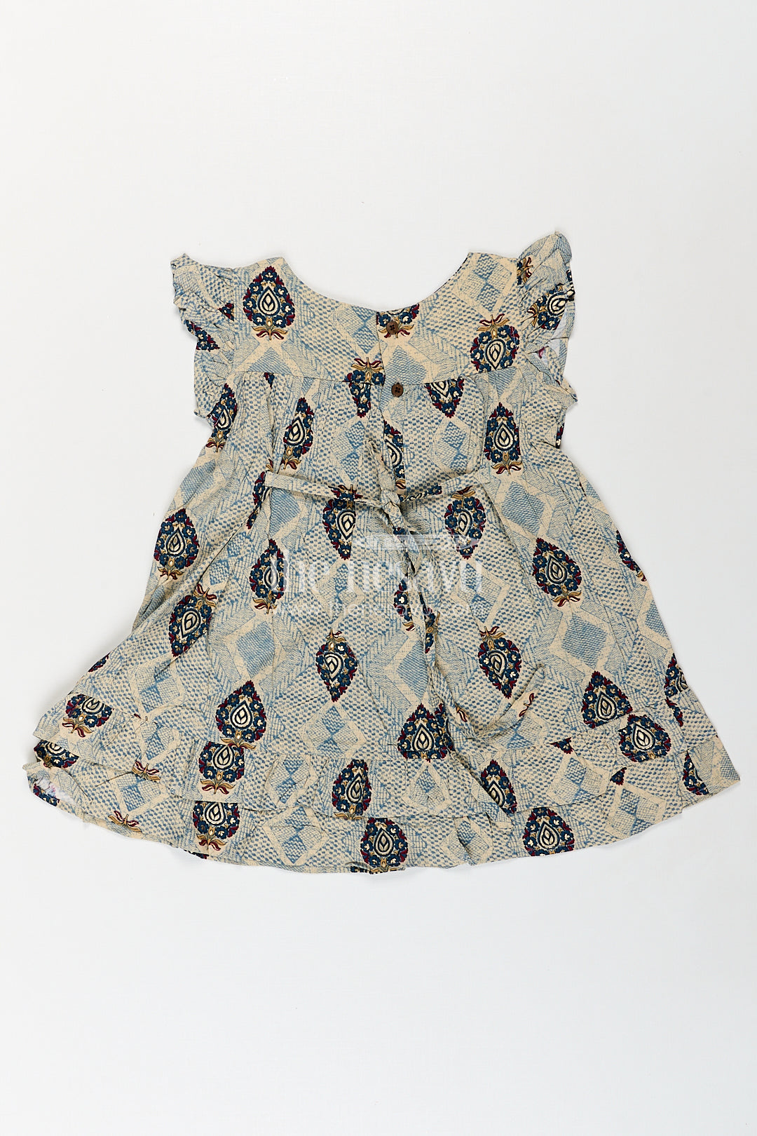 Girls One Piece Frock Online in Green Rayon with Printed Motifs and Gathered Hemline