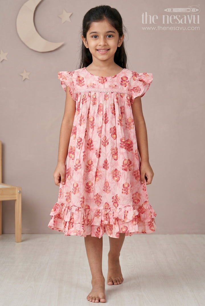 Girls Frock Type One Piece in Pink Rayon with Leaf Motifs and Frilly Sleeves for Casual Chic
