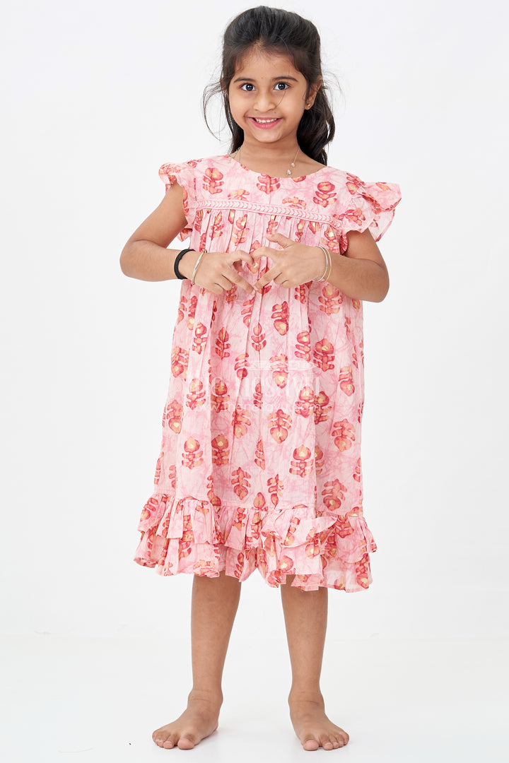 Girls Frock Type One Piece in Pink Rayon with Leaf Motifs and Frilly Sleeves for Casual Chic