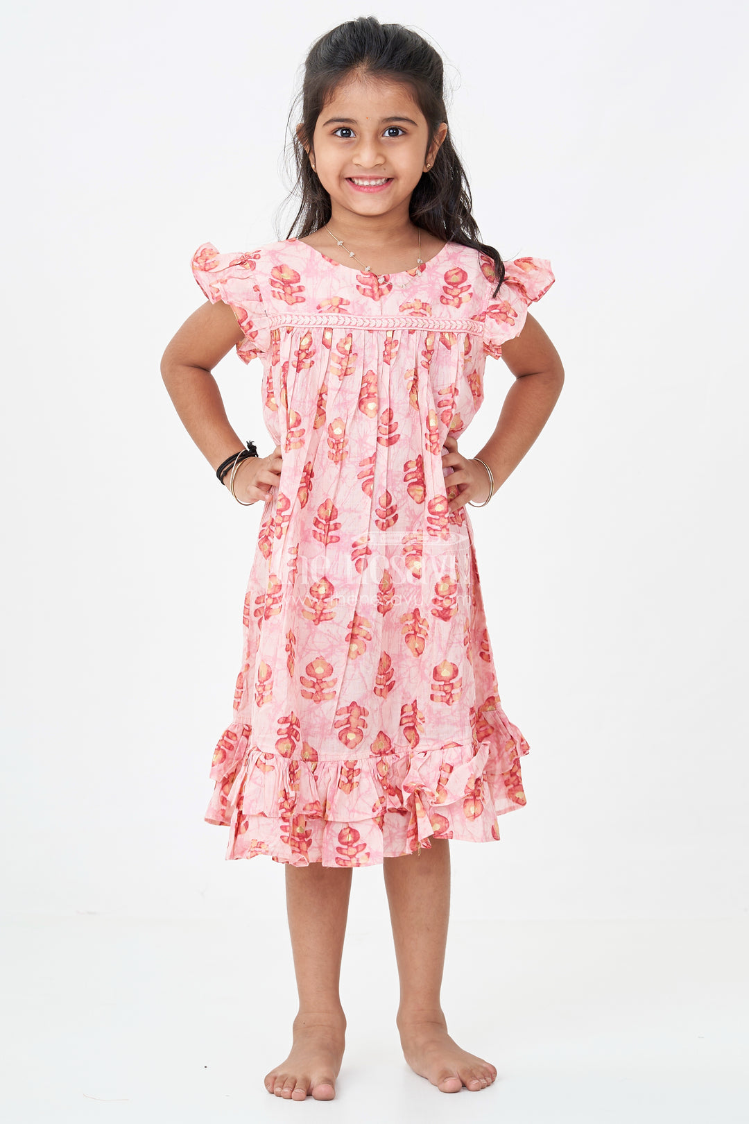 Girls Frock Type One Piece in Pink Rayon with Leaf Motifs and Frilly Sleeves for Casual Chic