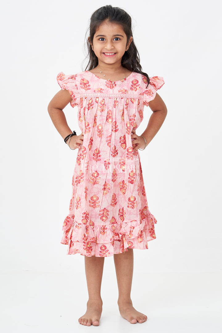 Girls Frock Type One Piece in Pink Rayon with Leaf Motifs and Frilly Sleeves for Casual Chic